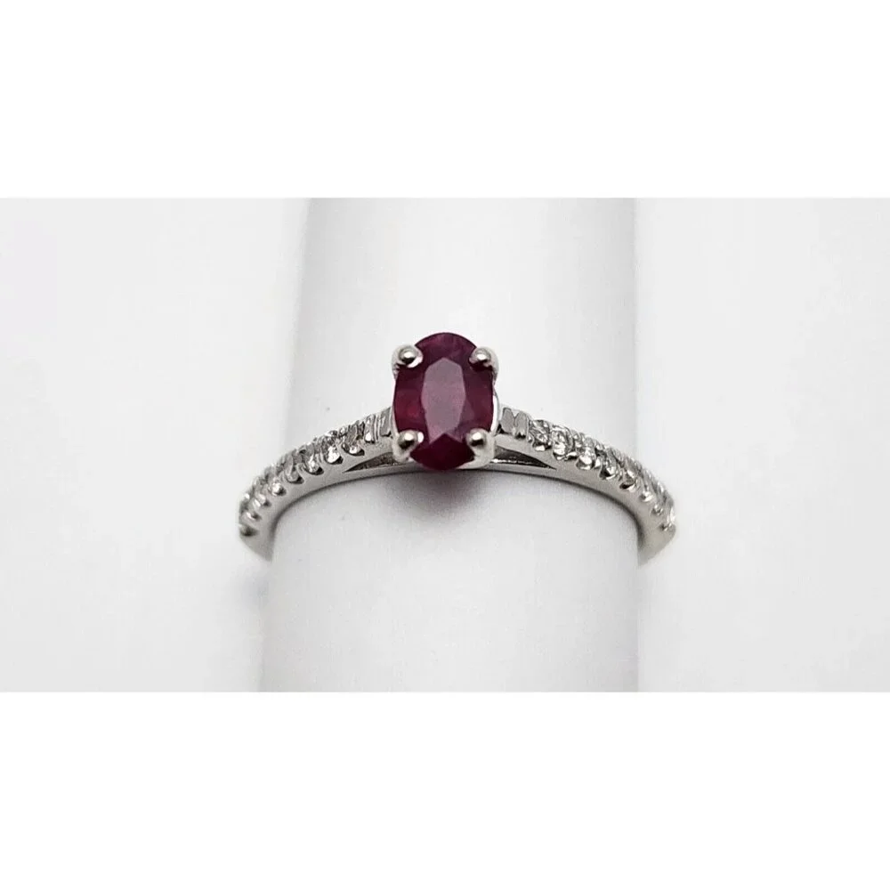 Beautiful 14K Karat Solid White Gold Designer Oval Ruby & Diamond Ring - Size 7